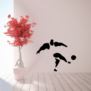 Soccer wall decal with black soccer player silhouettes and a soccer ball