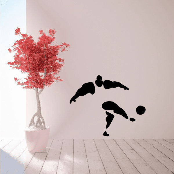 Soccer wall decal with black soccer player silhouettes and a soccer ball