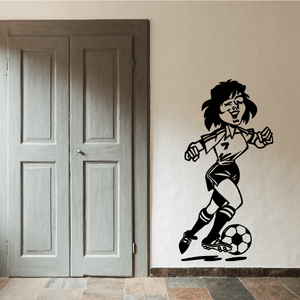 Soccer wall decal of a black cartoon player dribbling a soccer ball