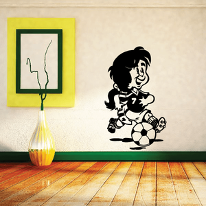 Soccer player wall decal vinyl sticker with ball, black cartoon outline