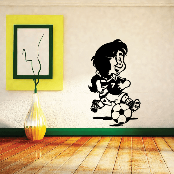 Soccer player wall decal vinyl sticker with ball, black cartoon outline