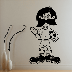 Soccer wall decal of cartoon skater holding a soccer ball, black vinyl outline.