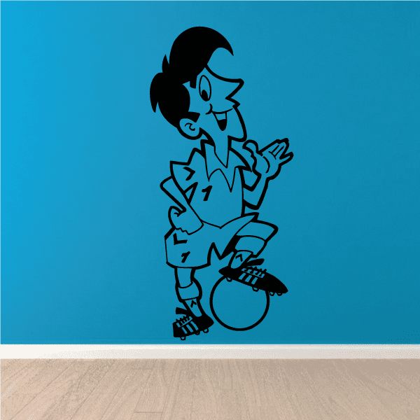 Soccer player vinyl wall decal in black and light blue, holding a soccer ball.