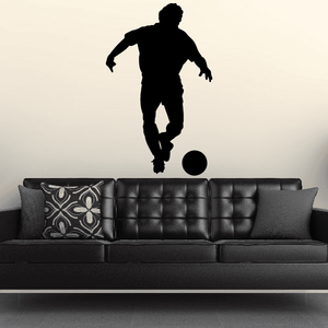 Soccer player wall decal vinyl with black silhouette and soccer ball
