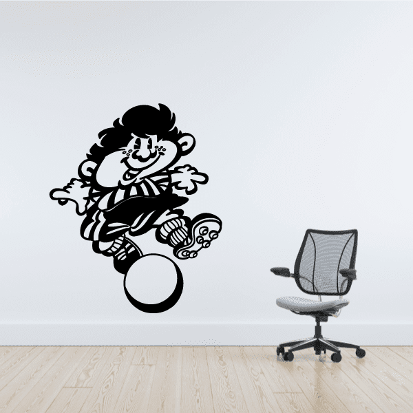 Soccer player wall decal with ball, black and white vinyl