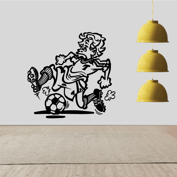 Black soccer wall decal of a kicking player with a soccer ball and boots