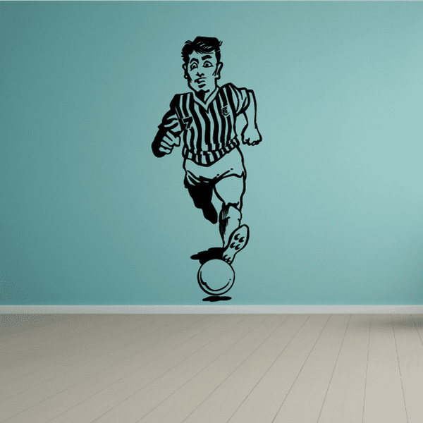 Soccer player vinyl wall decal with striped jersey and standing soccer ball