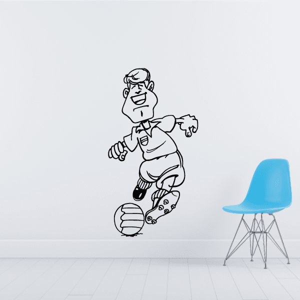 Soccer wall decal vinyl sticker: cartoon soccer player kicking ball, black outline