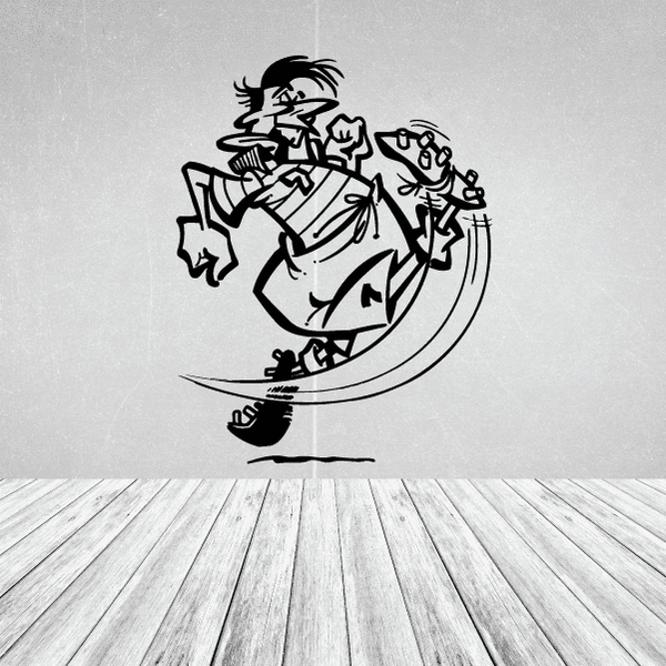 Soccer wall decal vinyl with black cartoon soccer player and ball in action swirl