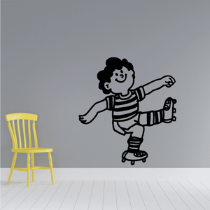 Soccer wall decal of cartoon boy in striped shirt on roller skates