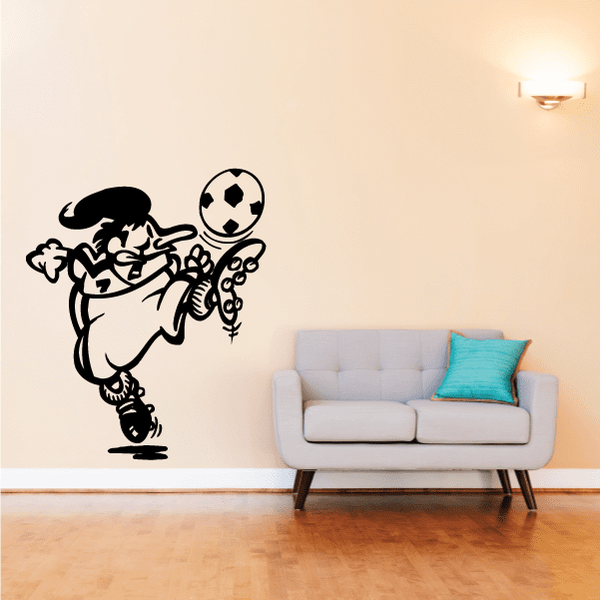 Black soccer player wall decal with ball and boots, vinyl sticker design