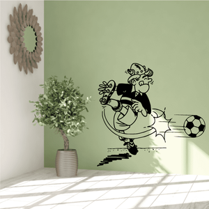 Vinyl soccer wall decal with cartoon player kicking a soccer ball in black