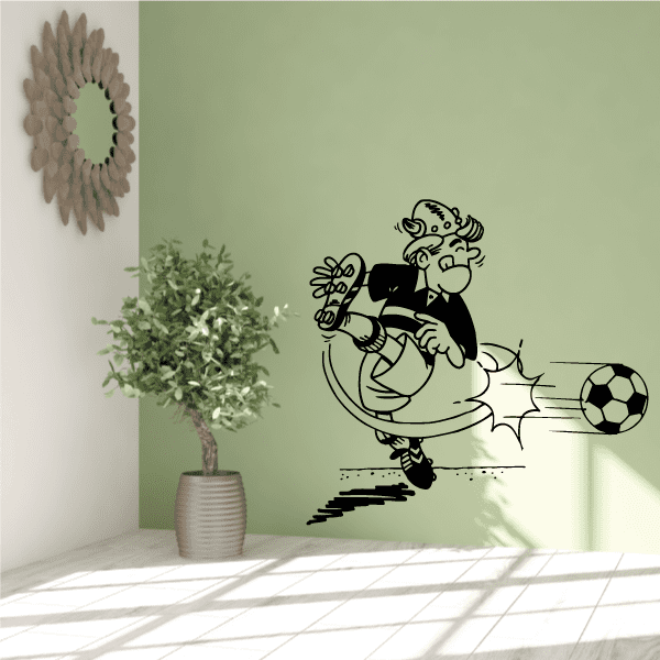 Vinyl soccer wall decal with cartoon player kicking a soccer ball in black