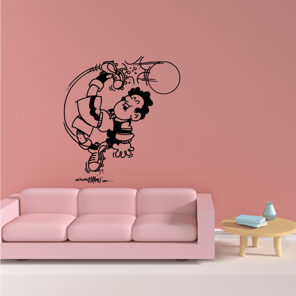 Soccer wall decal vinyl of cartoon soccer player kicking ball, black outline