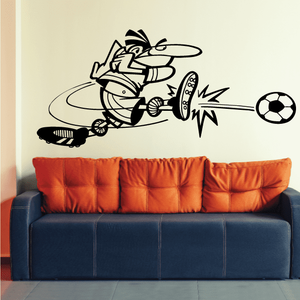 Soccer wall decal of a cartoon soccer player kicking a ball
