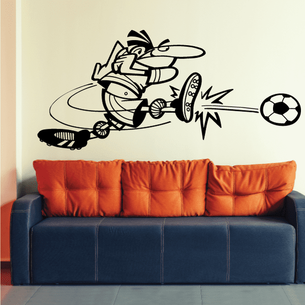 Soccer wall decal of a cartoon soccer player kicking a ball