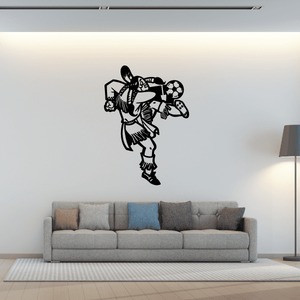 Soccer player wall decal in black vinyl with ball and boots outline