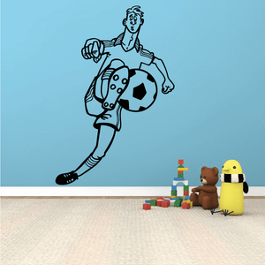 Soccer player wall decal vinyl sticker with blue outline and black-and-white soccer ball