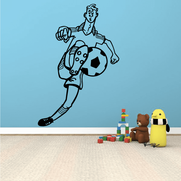 Soccer player wall decal vinyl sticker with blue outline and black-and-white soccer ball