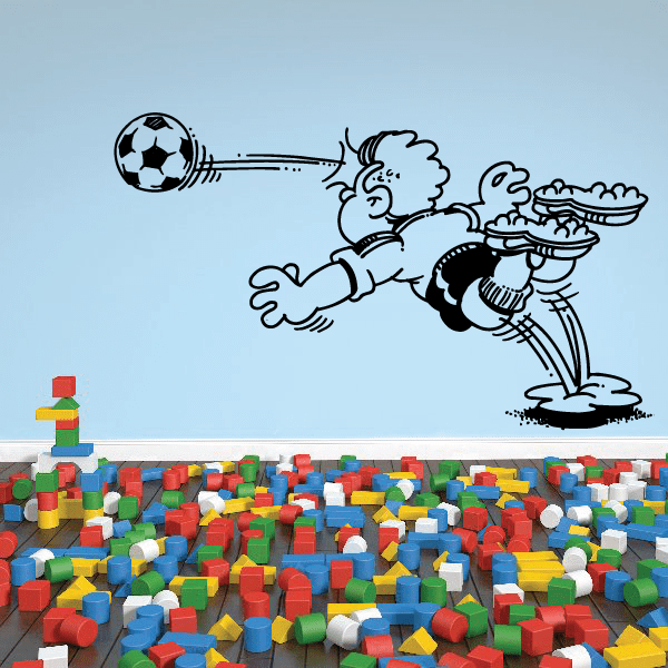 Soccer wall vinyl decal with cartoon boy kicking a soccer ball