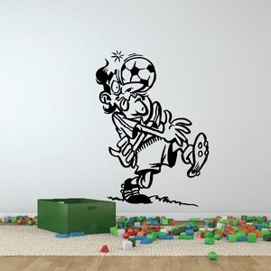 Soccer wall decal vinyl sticker of cartoon player kicking black and white soccer ball