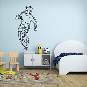 Soccer player wall decal vinyl sticker, black outline figure kicking a ball
