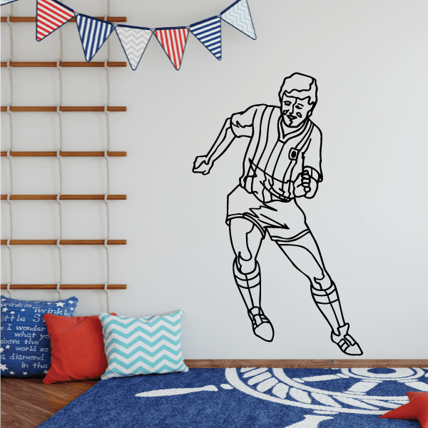 Soccer wall decal vinyl: black player kicking ball with striped pennant banners
