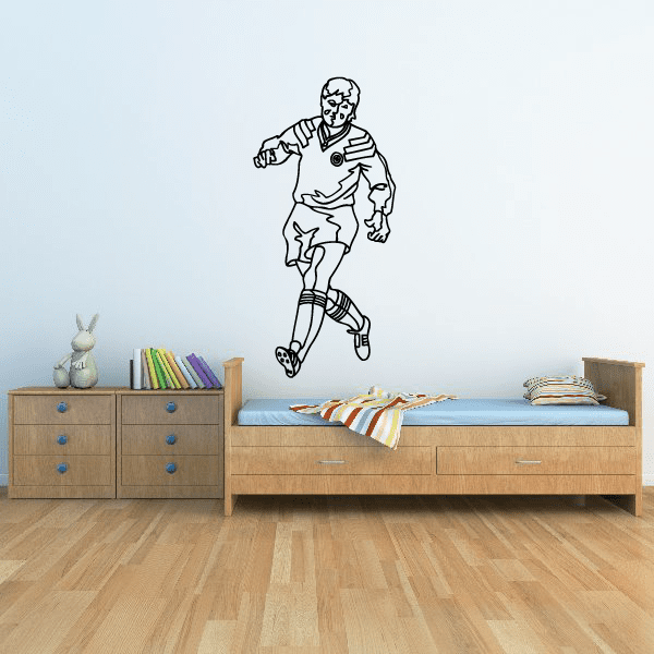 Soccer player wall vinyl decal, black line art running with ball