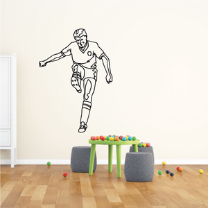 Soccer player wall decal, black outline figure running with ball kick