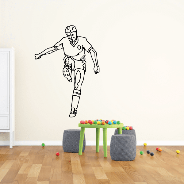 Soccer player wall decal, black outline figure running with ball kick