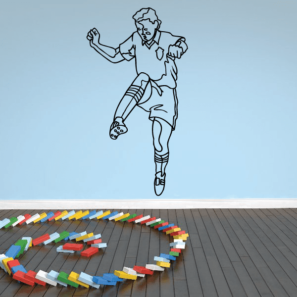Soccer player wall vinyl decal, kicking action figure with soccer ball
