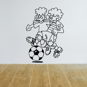 Black-and-white soccer wall decal of two players kicking a ball