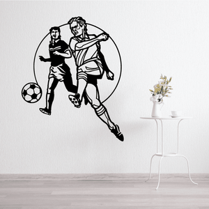 Black soccer wall decal of a player kicking a ball inside a round outline