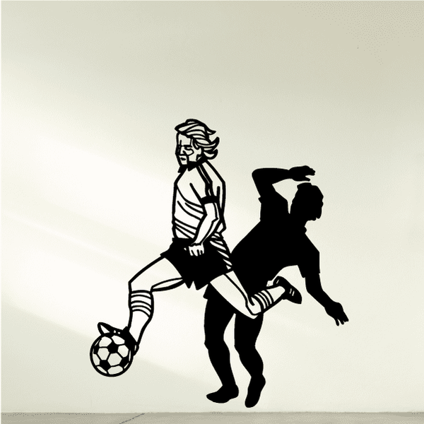 Soccer vinyl wall decal with two player silhouettes and soccer ball