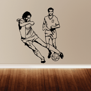 Soccer wall decal: two soccer players with ball, black silhouette design