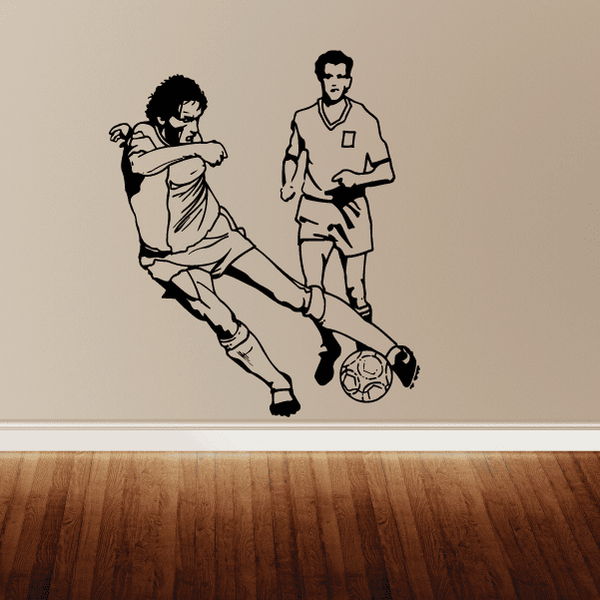 Soccer wall decal: two soccer players with ball, black silhouette design