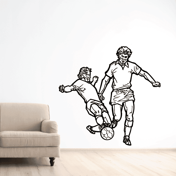 Soccer wall decal with two cartoon soccer players in black line art