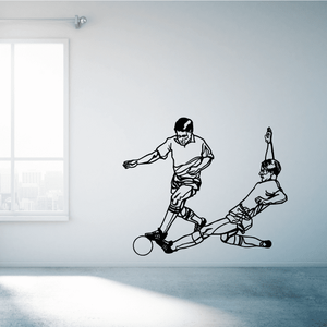 Soccer wall decal featuring two black outline soccer players stretching