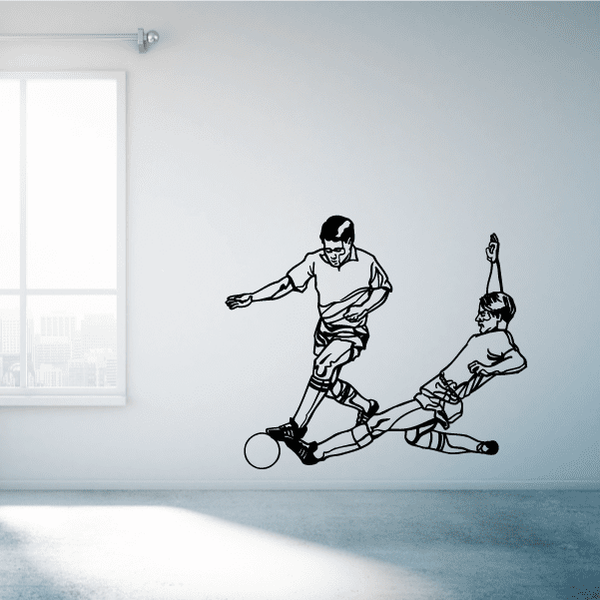 Soccer wall decal featuring two black outline soccer players stretching