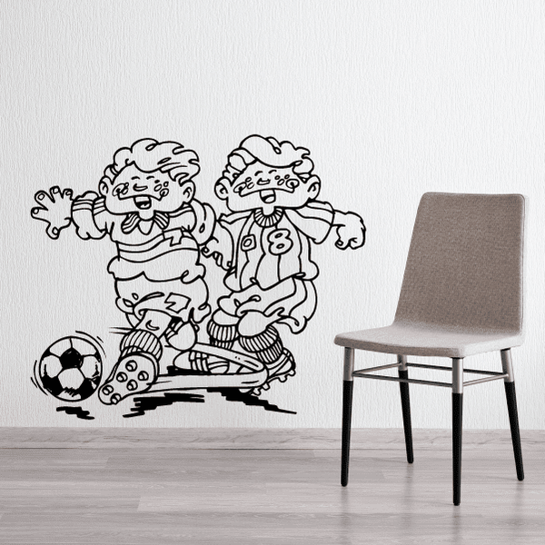 Soccer wall decal with two cartoon players and a soccer ball in black outline