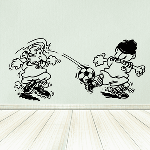 Soccer wall decal featuring two soccer players and a soccer ball in black