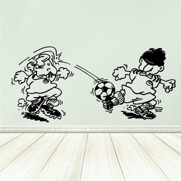 Soccer wall decal featuring two soccer players and a soccer ball in black