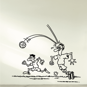 Soccer wall decal of two cartoon runners with a soccer ball and flying kicks