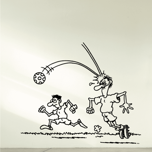 Soccer wall decal of two cartoon runners with a soccer ball and flying kicks
