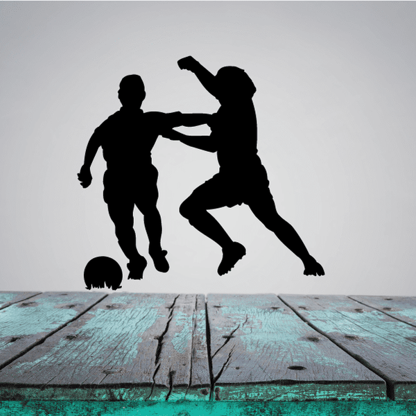 Soccer wall decal vinyl showing black silhouettes of two players and a soccer ball
