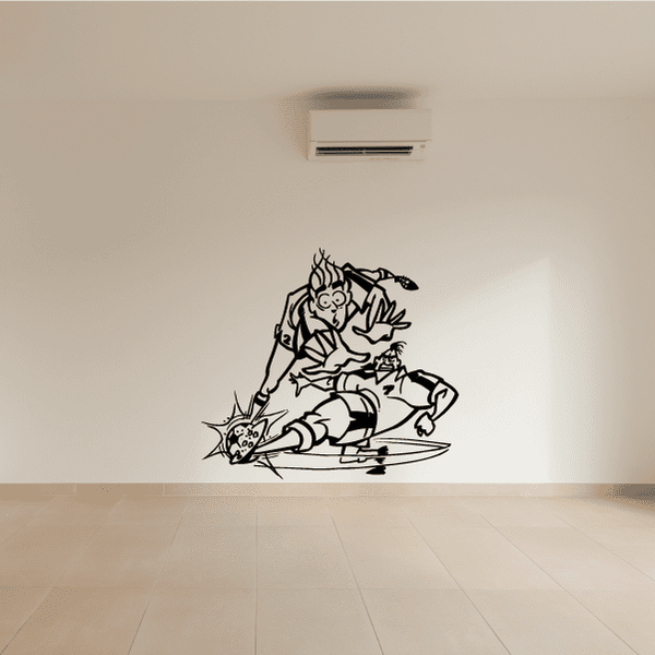 Soccer wall decal of cartoon player kicking a ball, black and white vinyl