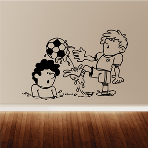 Soccer wall decal vinyl of three cartoon kids playing with a soccer ball, black outline