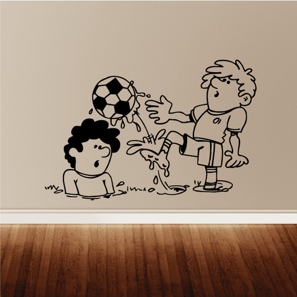 Soccer wall decal vinyl of three cartoon kids playing with a soccer ball, black outline