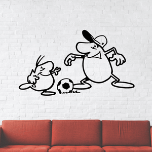 Soccer wall decal vinyl sticker featuring a cartoon soccer player kicking a ball