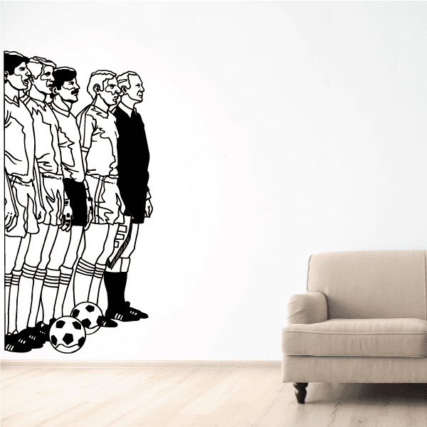 Soccer wall decal vinyl featuring line of soccer players with ball graphic